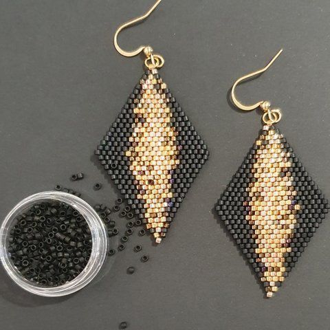 Miyuki Seed Bead Geometric Earrings | Black and Gold Handmade Beaded Jewelry