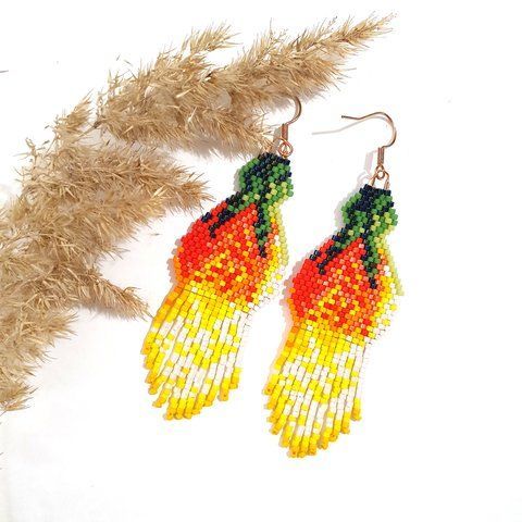 Sun Beaded Floral Earrings, Yellow Orange Miyuki Jewelry