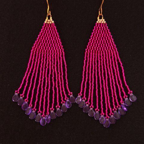 Pink Purple Fringe Earrings, Long Beaded Tassel Jewelry