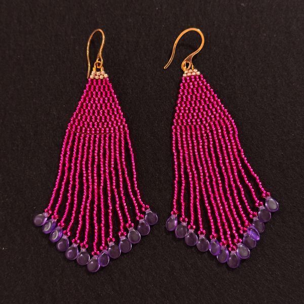 Pink Purple Fringe Earrings, Long Beaded Tassel Jewelry