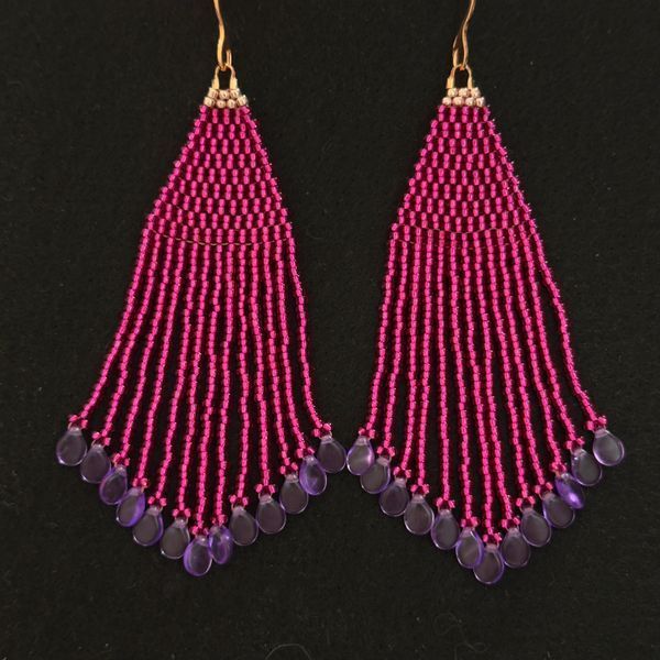 Pink Purple Fringe Earrings, Long Beaded Tassel Jewelry