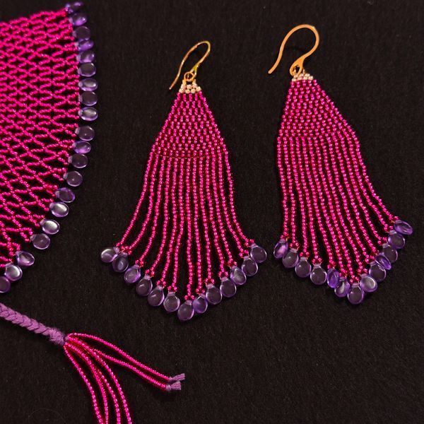Pink Purple Fringe Earrings, Long Beaded Tassel Jewelry