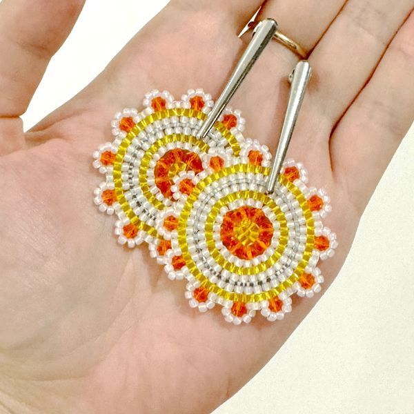 Seed Bead Flower Stud Earrings, White Yellow Floral Beaded, Orange Crystal Bicone Dangle Jewelry