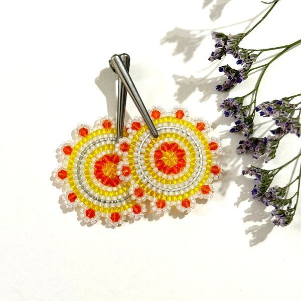 Seed Bead Flower Stud Earrings, White Yellow Floral Beaded, Orange Crystal Bicone Dangle Jewelry