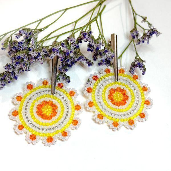 Seed Bead Flower Stud Earrings, White Yellow Floral Beaded, Orange Crystal Bicone Dangle Jewelry