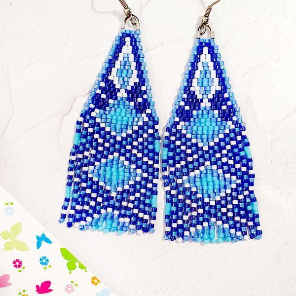 Ukrainian Blue White Beaded Earrings, Ethnic Fringe Earrings, Traditional Folk Ornament Jewelry
