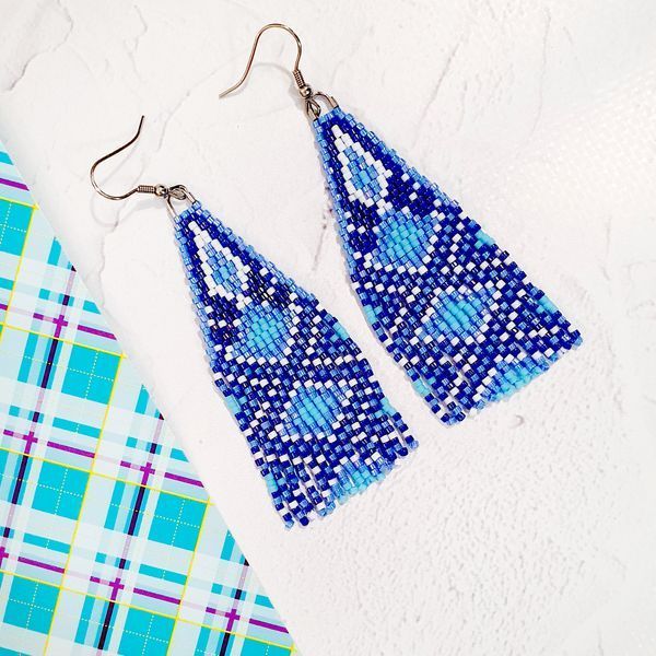 Ukrainian Blue White Beaded Earrings, Ethnic Fringe Earrings, Traditional Folk Ornament Jewelry