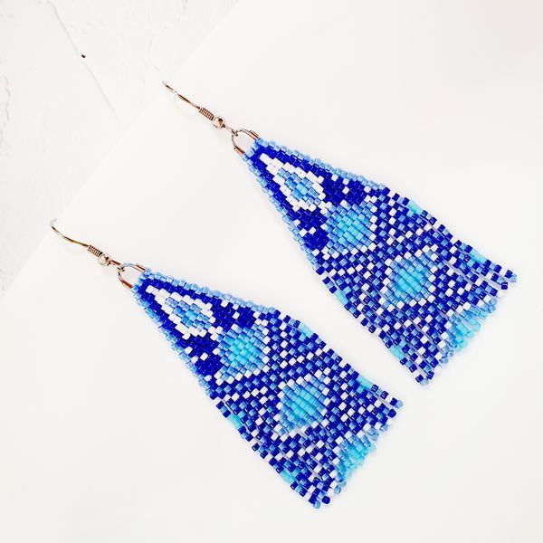 Ukrainian Blue White Beaded Earrings, Ethnic Fringe Earrings, Traditional Folk Ornament Jewelry