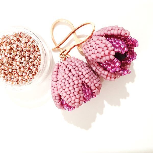 Pink Beaded Flower Earrings, Purple Crystal Accent, Stainless Steel Hooks
