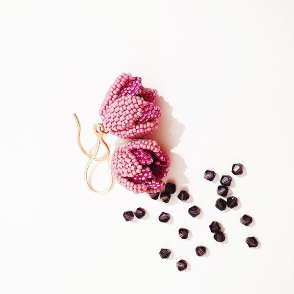 Pink Beaded Flower Earrings, Purple Crystal Accent, Stainless Steel Hooks