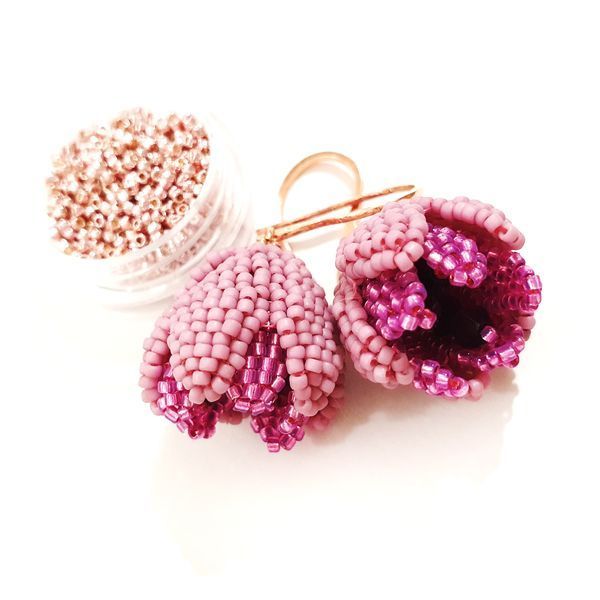 Pink Beaded Flower Earrings, Purple Crystal Accent, Stainless Steel Hooks