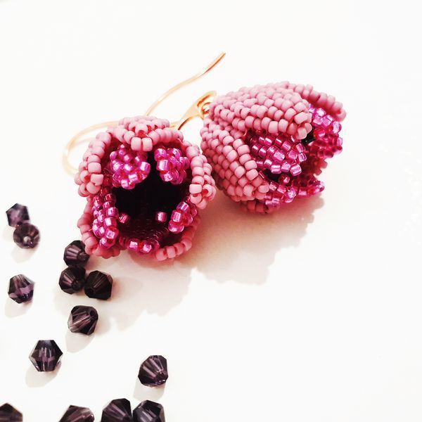Pink Beaded Flower Earrings, Purple Crystal Accent, Stainless Steel Hooks