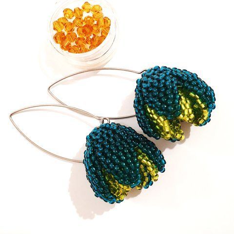 Green Yellow Beaded Flower Earrings, Seed Bead Handmade Emerald Jewelry, Stainless Steel Silver Hooks