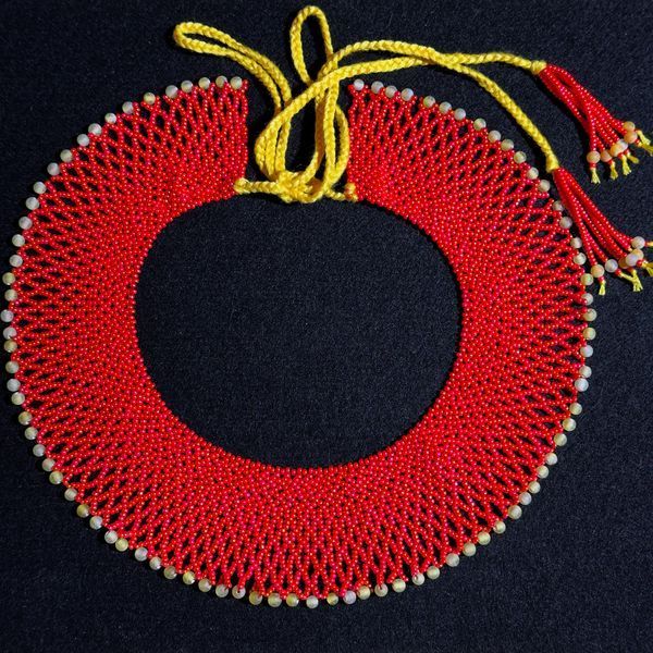 Ukrainian Sylyanka Red Necklace, Handmade Gerdan Choker with Yellow Agate