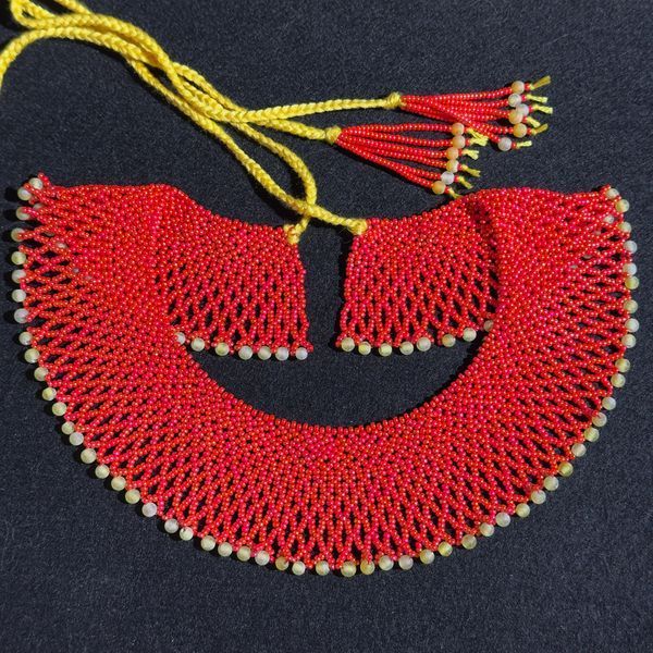 Ukrainian Sylyanka Red Necklace, Handmade Gerdan Choker with Yellow Agate