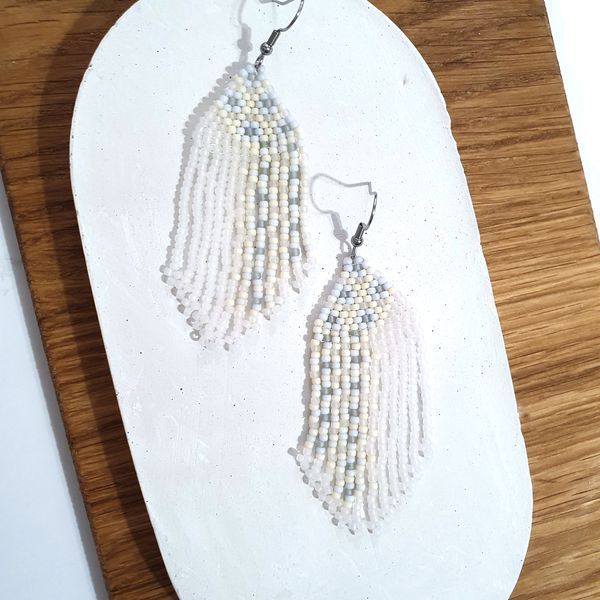 White Fringe Seed Bead Earrings, Stainless Steel Hooks, Casual Occasion Jewelry