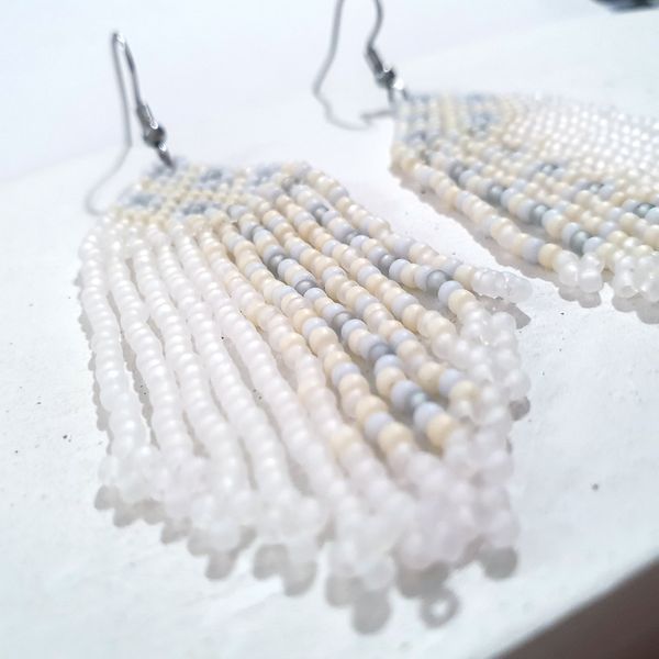 White Fringe Seed Bead Earrings, Stainless Steel Hooks, Casual Occasion Jewelry