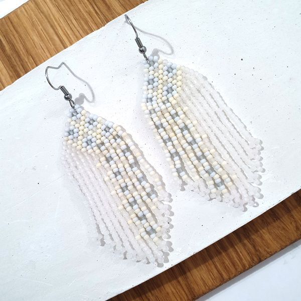 White Fringe Seed Bead Earrings, Stainless Steel Hooks, Casual Occasion Jewelry