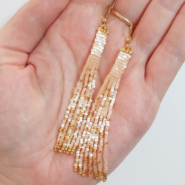 Beige Gold Beaded Earrings