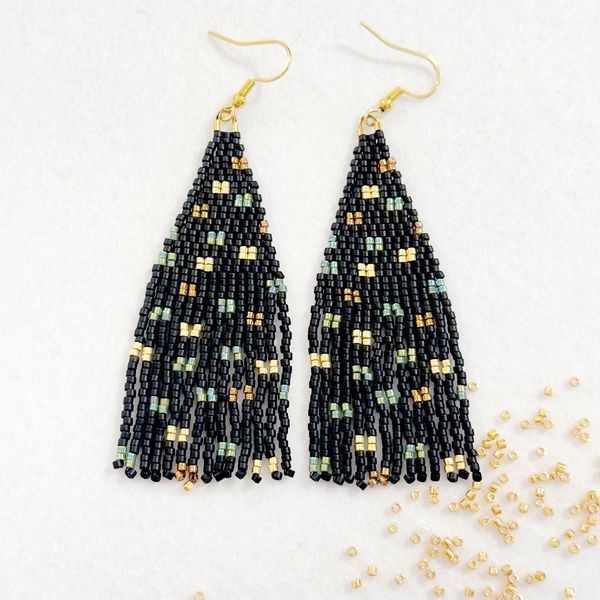 Black Earrings with Colorful Sparkle, Miyuki Seed Bead Long Dangle Jewelry