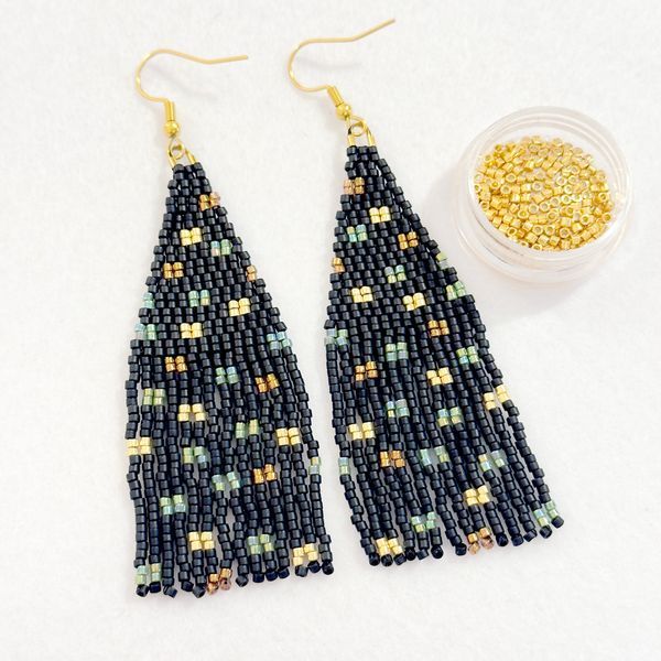 Black Earrings with Colorful Sparkle, Miyuki Seed Bead Long Dangle Jewelry