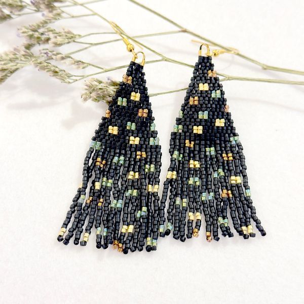 Black Earrings with Colorful Sparkle, Miyuki Seed Bead Long Dangle Jewelry