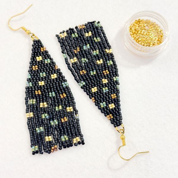 Black Earrings with Colorful Sparkle, Miyuki Seed Bead Long Dangle Jewelry