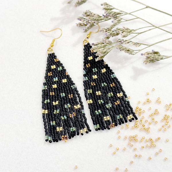 Black Earrings with Colorful Sparkle, Miyuki Seed Bead Long Dangle Jewelry