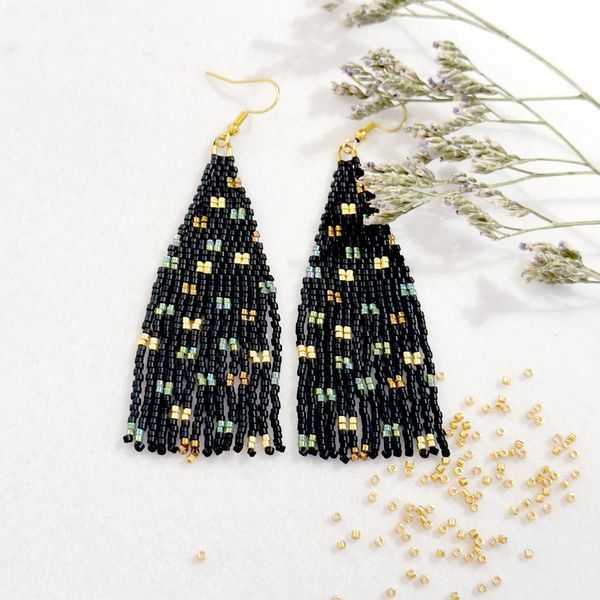 Black Earrings with Colorful Sparkle, Miyuki Seed Bead Long Dangle Jewelry