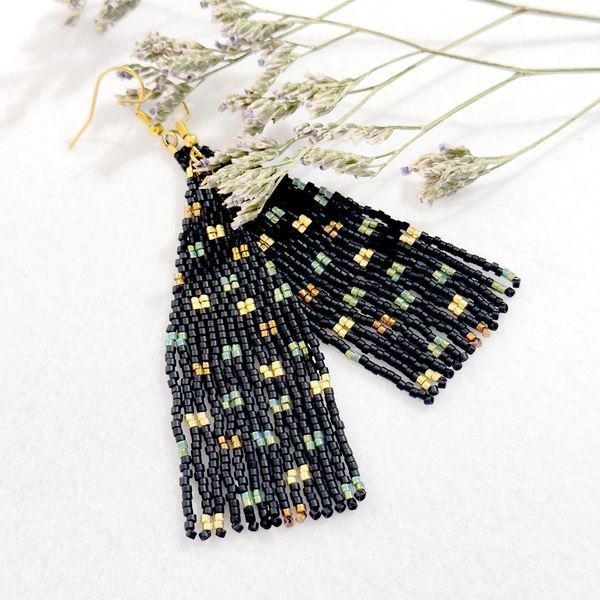 Black Earrings with Colorful Sparkle, Miyuki Seed Bead Long Dangle Jewelry