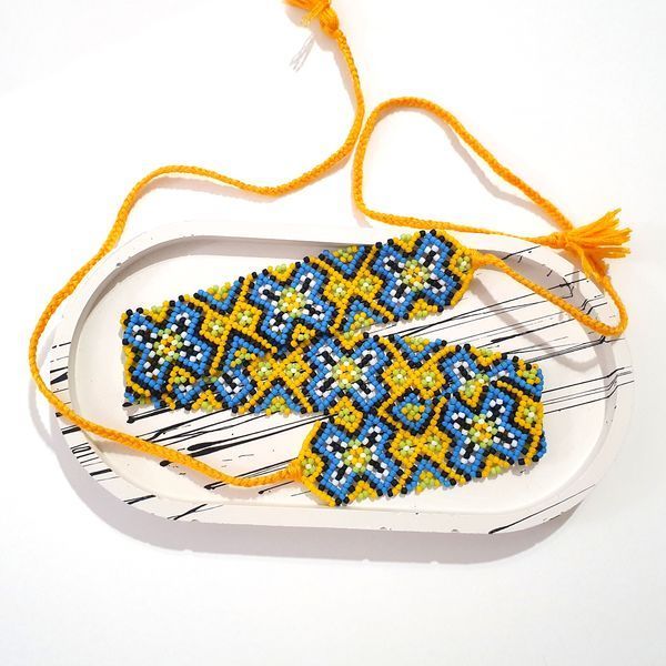 Yellow Blue Sylyanka Ukrainian Choker Necklaces, Folk Beaded Jewelry