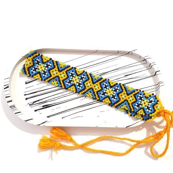 Yellow Blue Sylyanka Ukrainian Choker Necklaces, Folk Beaded Jewelry