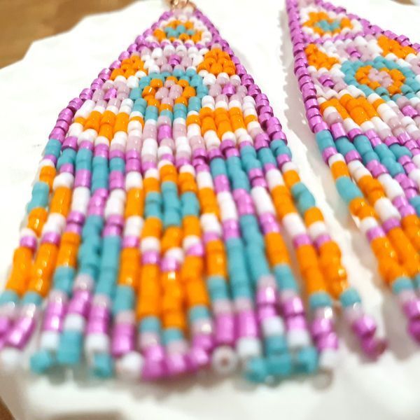 Gentle Beaded Fringe Earrings, Colorful Bohemian Seed Beads Jewelry