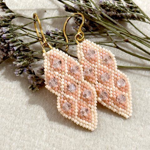 Geometric Beaded Pink Beige Earrings, Miyuki Delica & Crystal Bicone
