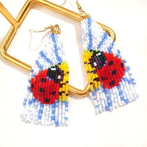 Ladybug beaded Earrings, Floral Dangle Jewelry