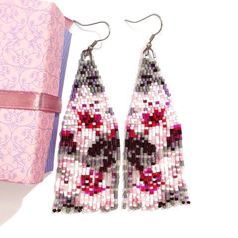 Cherry Blossom Beaded Earrings, Pink Floral Fringe Boho Jewelry
