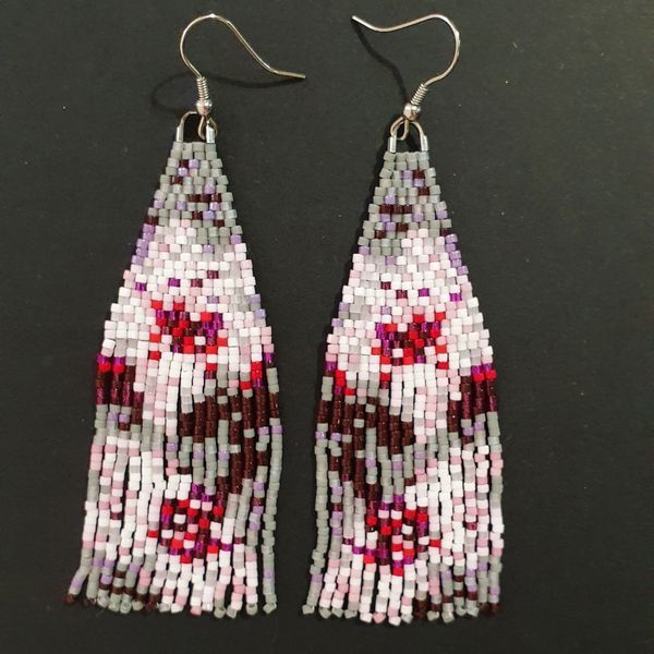 Cherry Blossom Beaded Earrings, Pink Floral Fringe Boho Jewelry