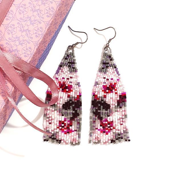 Cherry Blossom Beaded Earrings, Pink Floral Fringe Boho Jewelry