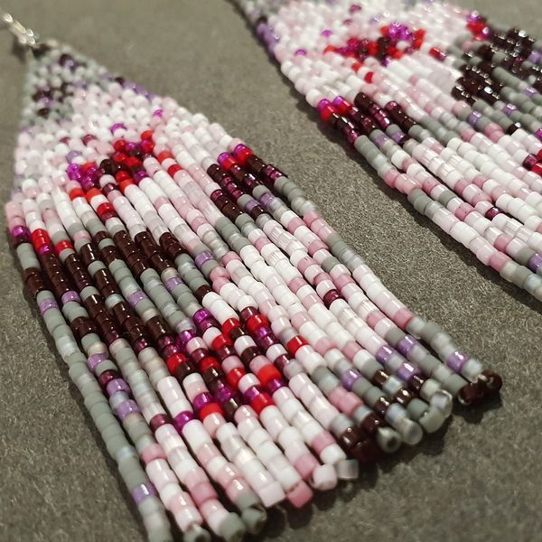 Cherry Blossom Beaded Earrings, Pink Floral Fringe Boho Jewelry