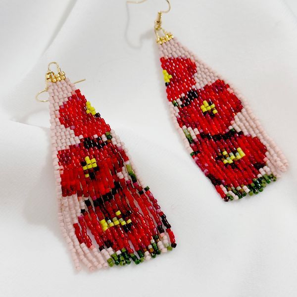 Red Poppy Beaded Fringe Earrings, Beige Floral Miyuki Dangle