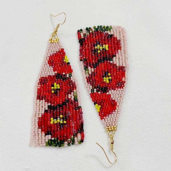 Red Poppy Beaded Fringe Earrings, Beige Floral Miyuki Dangle