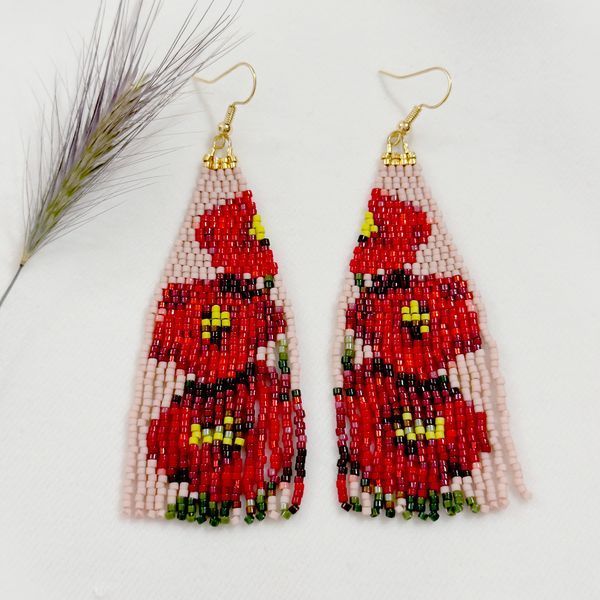 Red Poppy Beaded Fringe Earrings, Beige Floral Miyuki Dangle