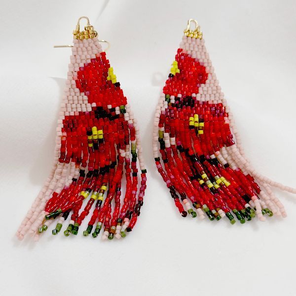 Red Poppy Beaded Fringe Earrings, Beige Floral Miyuki Dangle
