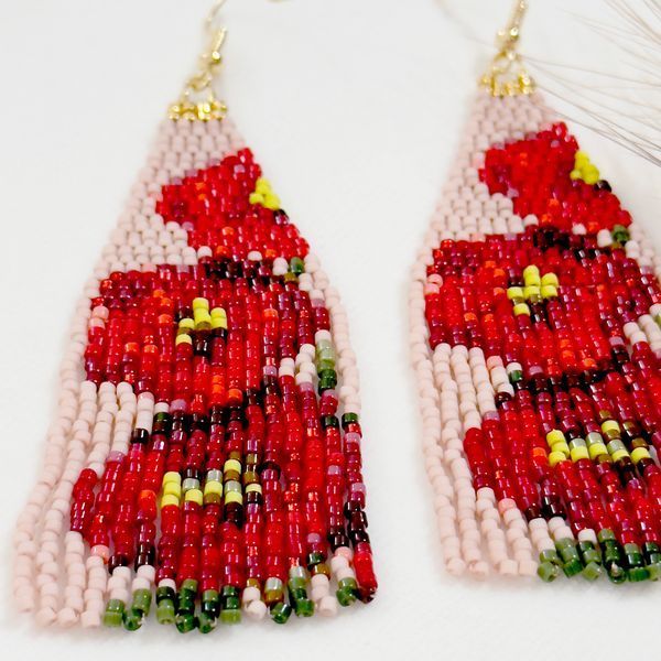 Red Poppy Beaded Fringe Earrings, Beige Floral Miyuki Dangle