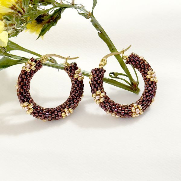 Gold Daisy Flower Hoop Earrings | Handmade Seed Bead Hoops | Artisan Beaded Jewelry