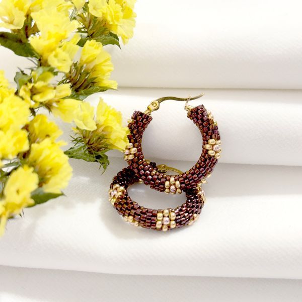 Gold Daisy Flower Hoop Earrings | Handmade Seed Bead Hoops | Artisan Beaded Jewelry