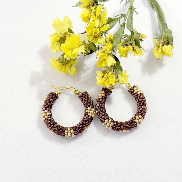 Gold Daisy Flower Hoop Earrings | Handmade Seed Bead Hoops | Artisan Beaded Jewelry