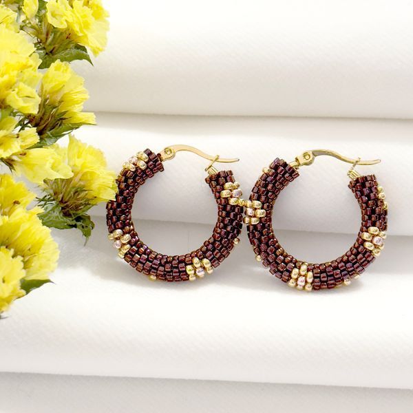 Gold Daisy Flower Hoop Earrings | Handmade Seed Bead Hoops | Artisan Beaded Jewelry