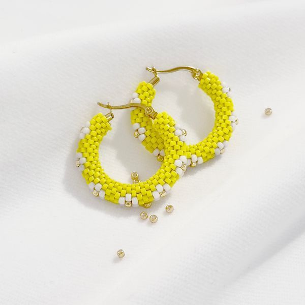 Daisy Bead Hoop Sun Earrings: White & Yellow Floral Jewelry