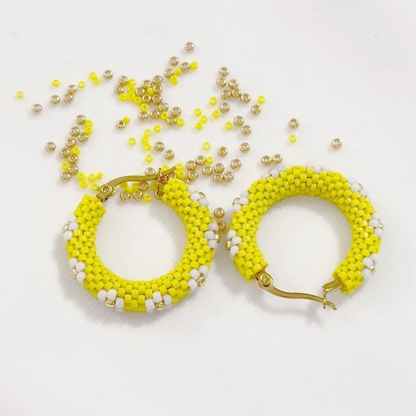 Daisy Bead Hoop Sun Earrings: White & Yellow Floral Jewelry